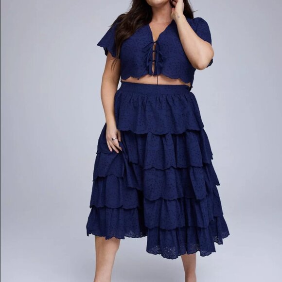 PEACOAT BELLE ISLE PULL ON TIERED EYELET MIDI SKIRT & TIE FRONT CROP TOP 2 18 20
